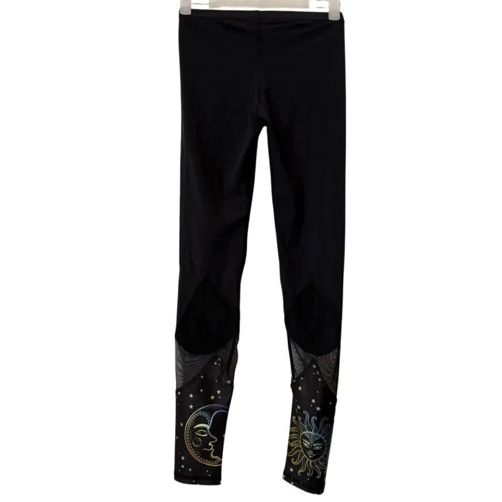 Terez Girls Celestial Sun and Moon Design Mesh Panel Ankle Leggings Black Size X